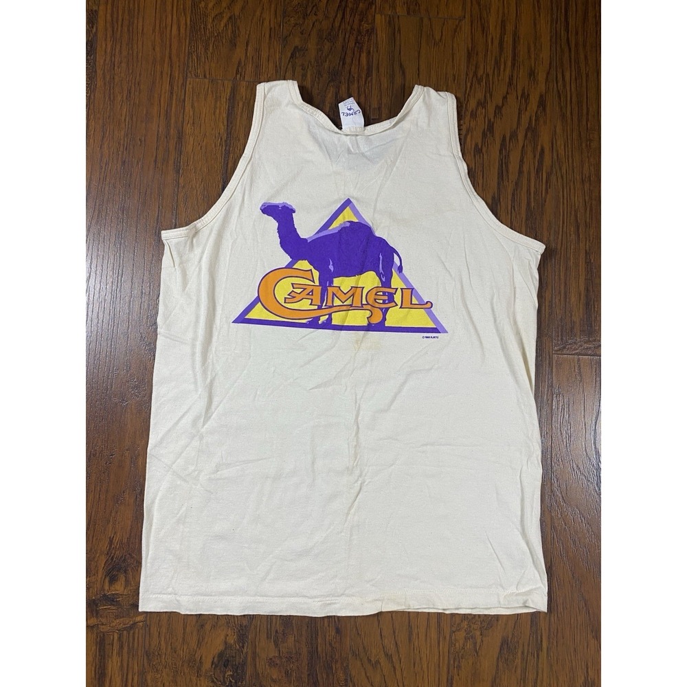 Camel Cigarettes Tank Top Mens XL Cream Vintage 90s Joe Smoke Graphic USA Beach